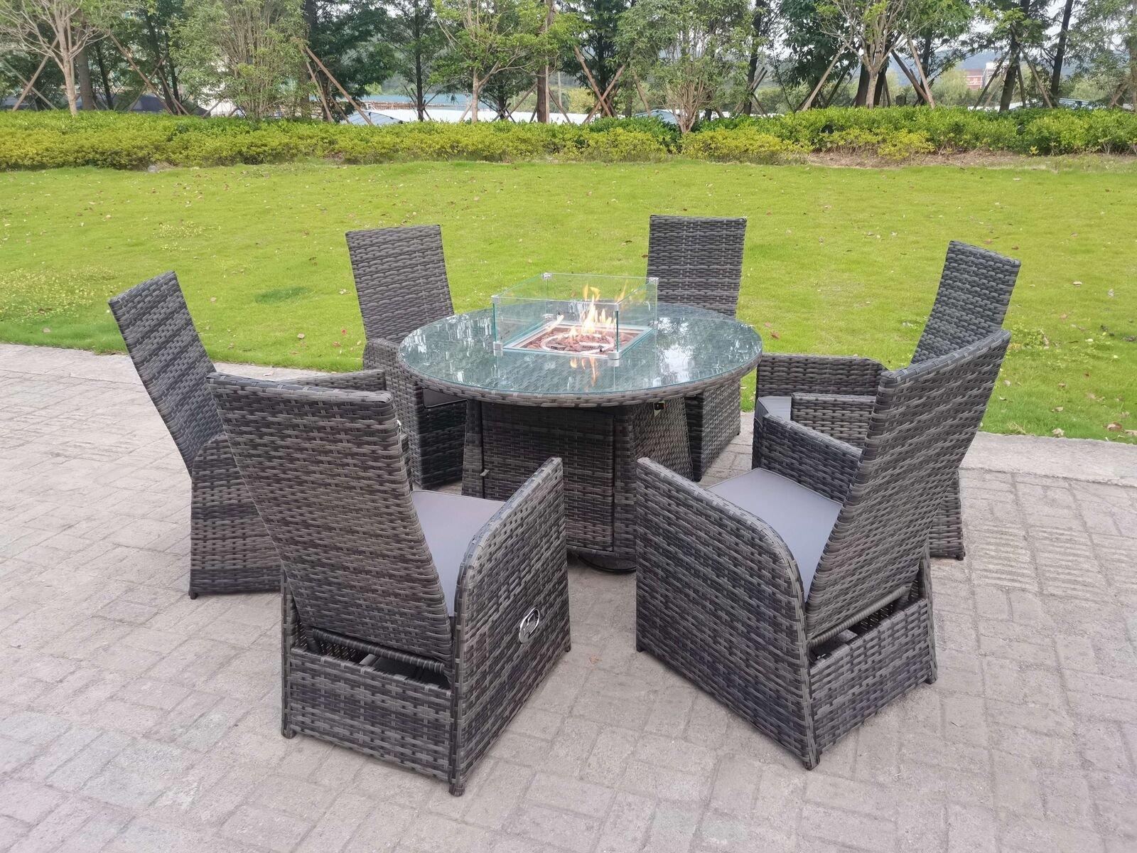 Rattan Garden Furniture Gas Fire Pit Round Dining Table And Chairs 6 Seater Plus Round Table